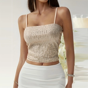 Sparkling champagne gold sequin camisole top with thin straps and open back design