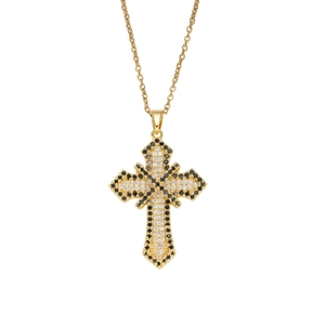 Gold plated cross necklace with inlaid black and white cubic zirconia stones