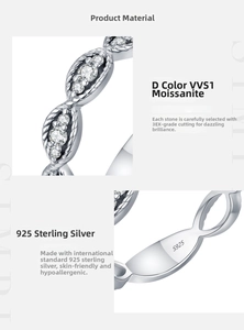 Macro shot of S925 sterling silver twist band details and VVS1 Moissanite stone setting