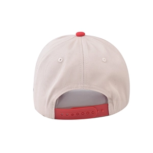 Adjustable red snapback closure on beige cotton baseball cap with six-panel structure