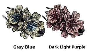 Détails des pinces à cheveux à fleurs avec strass en bleu gris et violet mélangé