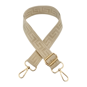 Adjustable beige woven bag strap with Greek key pattern and gold metal hardware