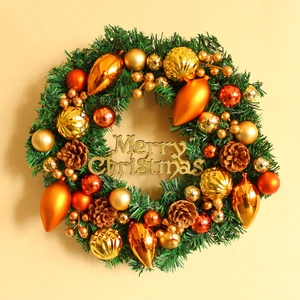 Christmas Wreath Artificial Pine Needles Gold Orange Ornaments Natural Pinecones Merry Christmas Sign Front Door Wall Decor