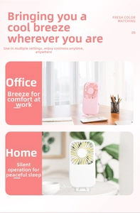 Foldable USB handheld fan shown in pink and white for both office and home desktop use