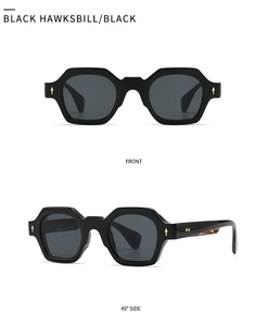 Dual view of hexagonal black and tortoiseshell sunglasses with gold diamond rivets