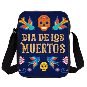 Dark blue crossbody bag with Dia de Los Muertos Mexican skull and floral 3D print