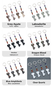 Detailed grid of natural crystal heart key pendants in obsidian, quartz, and labradorite