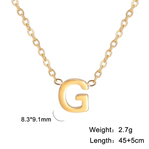 Macro view of gold 18k plated G letter pendant necklace with product dimensions