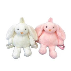 Plush cartoon bunny backpacks in pink and white colors shown in a flat lay view