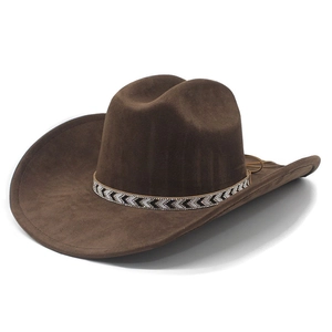 Classic dark brown suede fedora hat with a stylish chevron band and wide upturned brim