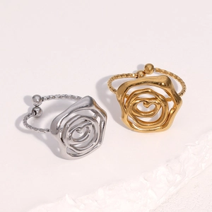 Rose Flower Ring Stainless Steel 18K Gold Plated Adjustable Open Finger Ring Irregular Hollow Design Jewelry For Women
