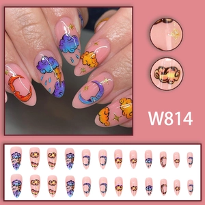 Almond press-on nails with cartoon colorful clouds and moon patterns in 24-piece set