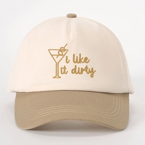 Beige and khaki baseball cap with 'i like it dirty' martini glass embroidery