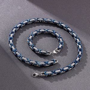 Blue and silver 8mm stainless steel Byzantine chain necklace and bracelet jewelry set