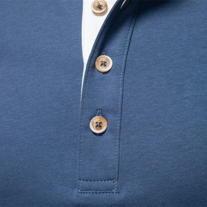 Men's navy long sleeve Henley shirt with contrast placket and wood texture buttons