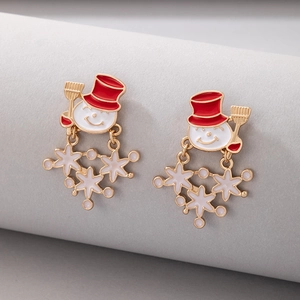 Detailed view of Christmas snowman earrings with red hat and gold snowflake pendants