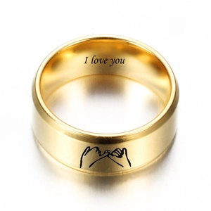 8MM gold stainless steel ring with I Love You engraving and promise hand gesture