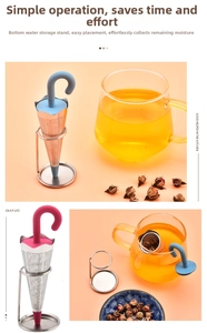 Detail of umbrella-shaped tea infusers with silicone handles and stainless steel mesh