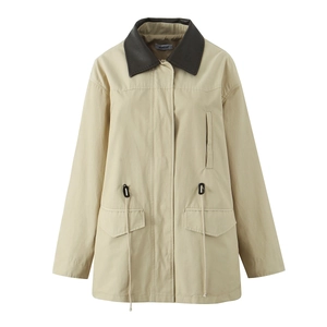Women's khaki long utility jacket with contrast brown leather collar and waist drawstring