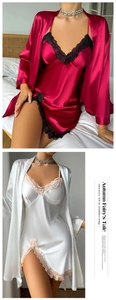 Detail showing red and white silk satin robes with delicate eyelash lace trim for women