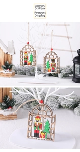 Close-up of wooden Christmas nutcracker ornament in window frame for tree decoration