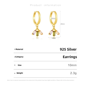 Detail of 925 sterling silver gold earrings with colorful rectangular zircons and S925 stamp