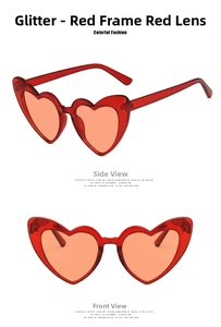 Detail view of heart-shaped glitter red sunglasses showing front and side perspectives