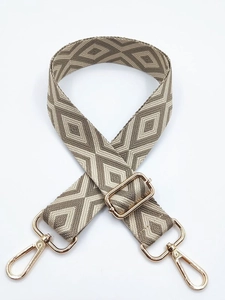 Adjustable geometric diamond pattern wide woven shoulder strap with gold metal buckles
