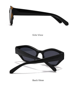 Side and back views of black cat-eye sunglasses with retro frames and gold temple details