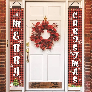 Outdoor setup of red buffalo plaid Merry Christmas porch banners on a white front door