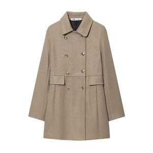 Women's double-breasted wool blend short coat in camel with elegant gold metal buttons