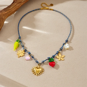 Gold-plated stainless steel chain necklace with colorful heart and sun charm pendants