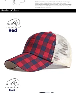 Detail of breathable red and black checkered mesh ponytail baseball cap for outdoors