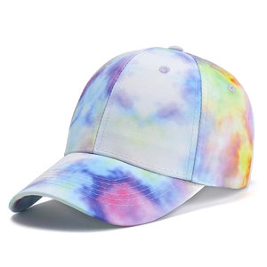 Colorful tie-dye gradient baseball cap with curved brim and structured 6-panel design