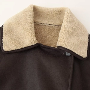 Vintage loose faux suede coat with beige plush lapel collar and dark brown finish