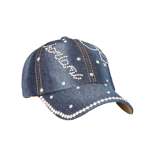 Denim baseball cap with sparkling rhinestones, bebe logo and wide brim for women