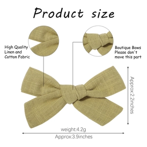 Khaki linen and cotton fabric bow hair clip with textured weave detail for women