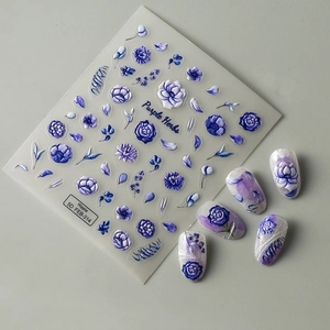 5D Embossed purple floral nail art stickers with realistic 3D flowers for manicures