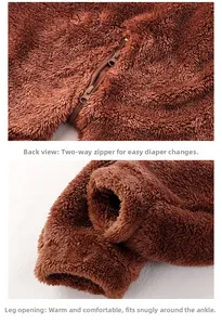 Detail of baby plush jumpsuit showing dual zippers and snug ribbed cuffs for winter
