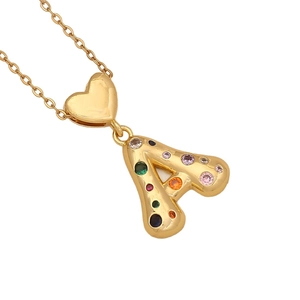 Gold heart pendant necklace with letter A and multi-color cubic zirconia inlay