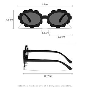 Detailed dimensions of kids flower sunglasses showing frame width and lens height measurements