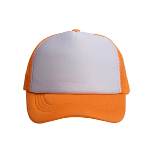 Close-up of orange breathable mesh and white foam front panel on a trucker hat