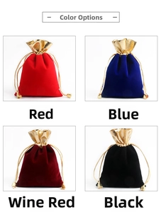 Four colors of velvet drawstring gift bags with gold trim and tassels on white background