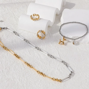 Fashion Stainless Steel Bicolor Chain Necklace Hollow Laurel Leaf Star Open Rings Balloon Dog Bead Bracelet Jewelry Women