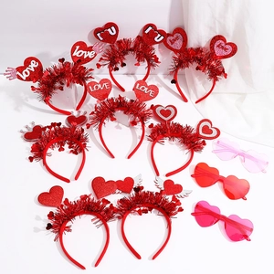 Valentine's Day accessories set with red heart headbands and festive heart-shaped glasses