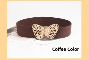 Close-up of golden hollow butterfly buckle on a brown elastic waist belt accessory