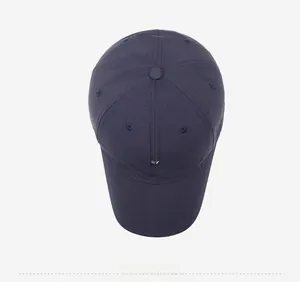 Top view of navy blue breathable baseball cap showing narason logo and ventilation holes
