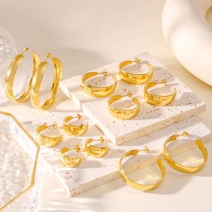 Polished 18K gold-plated stainless steel geometric U-shape hoop earrings in various sizes