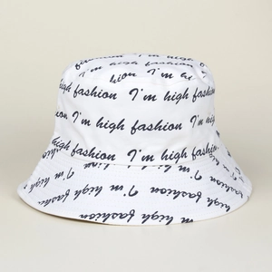 White cotton bucket hat featuring all-over black I'm high fashion script printing