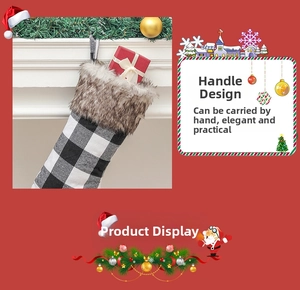Detail of black and white plaid Christmas stocking featuring a soft faux fur trim and hanging loop